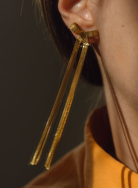 Earrings, Ribbon-bon Gold, Long - Martine Viergever